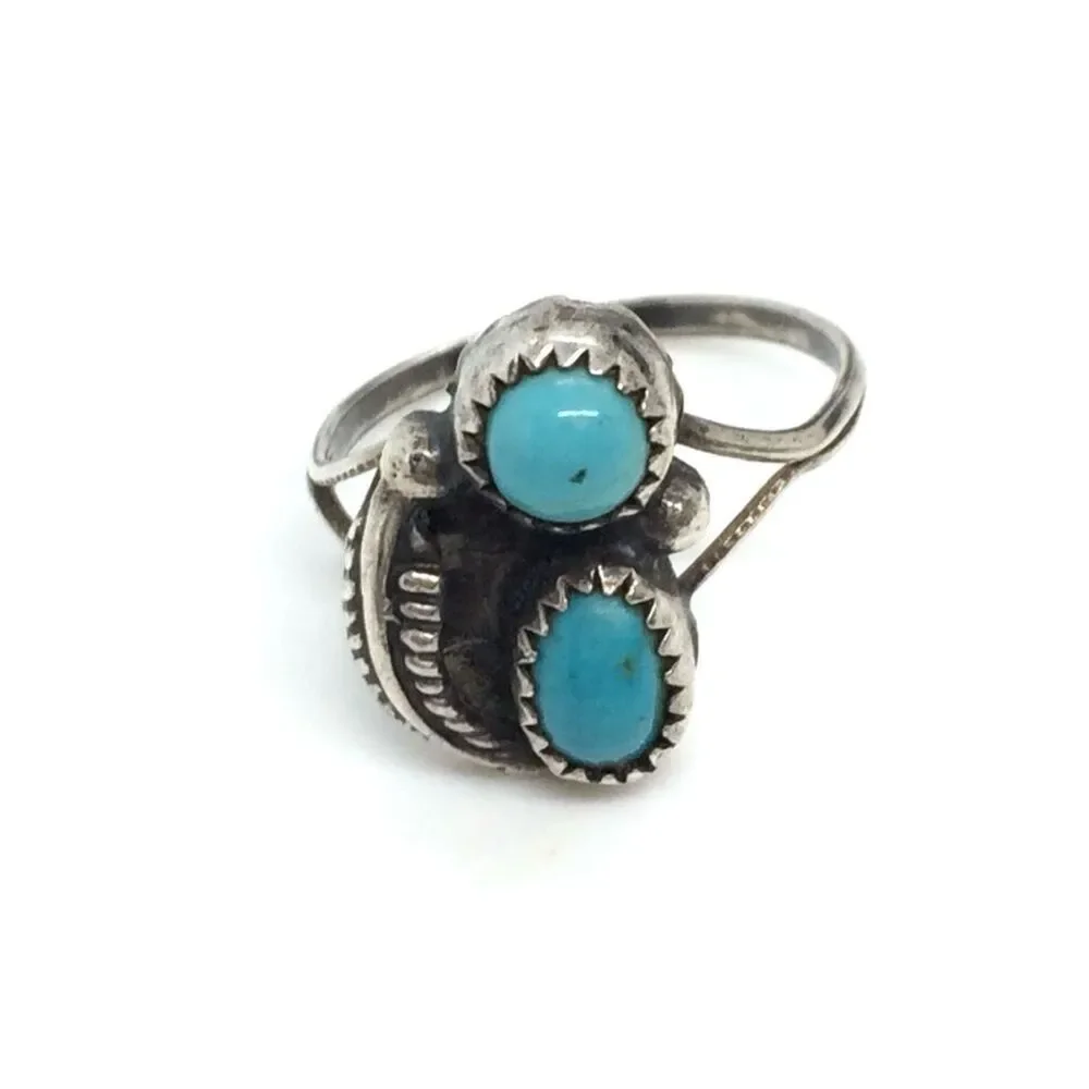 VINTAGE STERLING TURQUOISE Ring Double Stone Southwestern Size 5.25